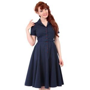 Collectif Caterina navy blue dress with red buttons— size Large